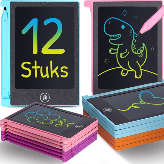Partizzle 12x Magnetisch Tekenbord voor Kinderen - Mini Krijtbord / LCD Tekentablet met Scherm - Creatief Tekenen - Uitdeelcadeautjes Educatief Teken Speelgoed Bord - Kleine Uitdeelcadeaus - Grabbelton Traktatie Cadeautjes - 11 cm / 4 Kleuren