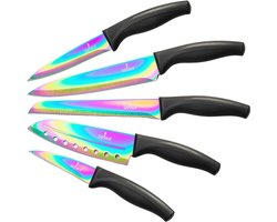 Professional Quality Kitchen Knife Set - Titanium Coated 5 Knives - Iridescent and Sharp Parasol Protective Cover
