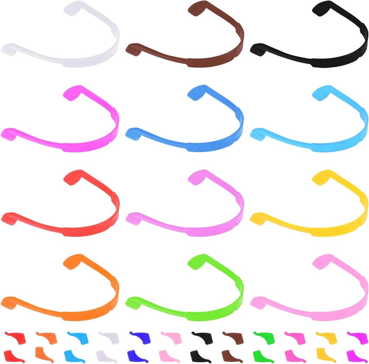 Allecto Plus - 12-delige sportbril set voor kinderen met oorclips en brillenhouder - Siliconen elastische brillenriemen in verschillende kleuren.