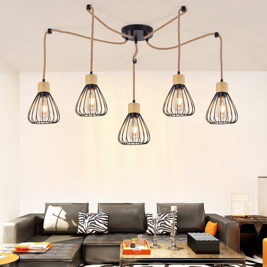 Vintage hanglamp, E27, industriële retro houten hanglamp, zwart, ijzeren en glazen lampenkap, in hoogte verstelbaar, design, hanglamp voor eetkamer, woonkamer, bar, café