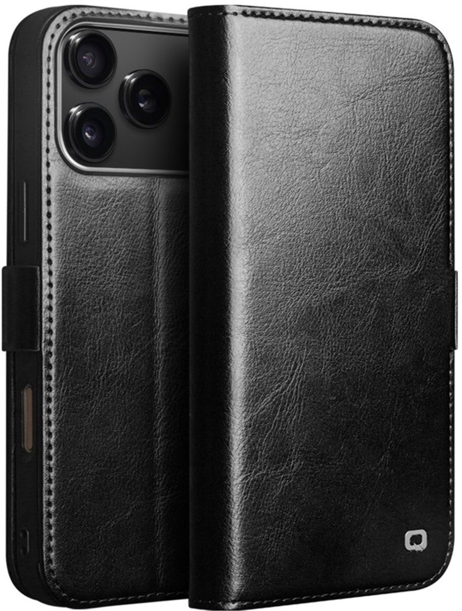 QIALINO Hoesje - Geschikt voor iPhone 17 Pro Hoesje - QIALINO Genuine Leather Book Case - Echt Leder - Zwart