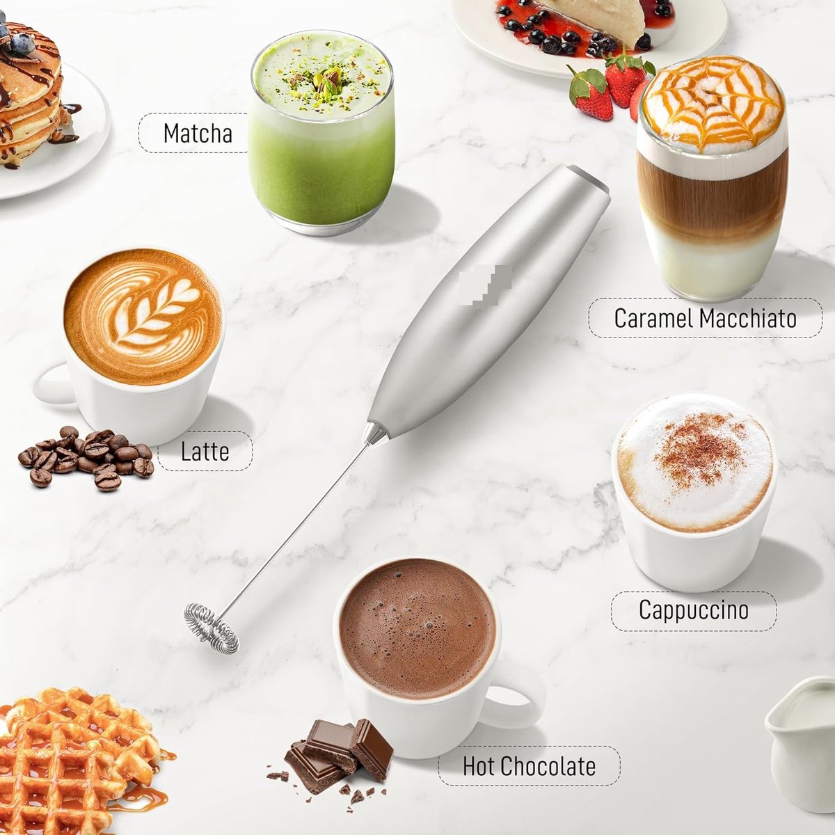 Famanu Melkopschuimer voor Koffie met Titanium Motor - Handheld Opschuimer Klopper, Melkopschuimer, Mini Mixer & Koffie Blender Opschuimer voor Frappe, Latte, Matcha - Zilver