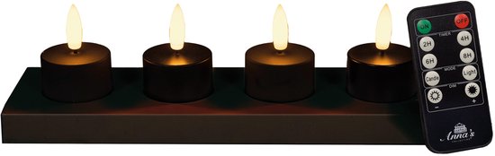 Anna's Collection Oplaadbare LED theelichtjes - 4x - zwart - oplaadstation -afstandsbediening