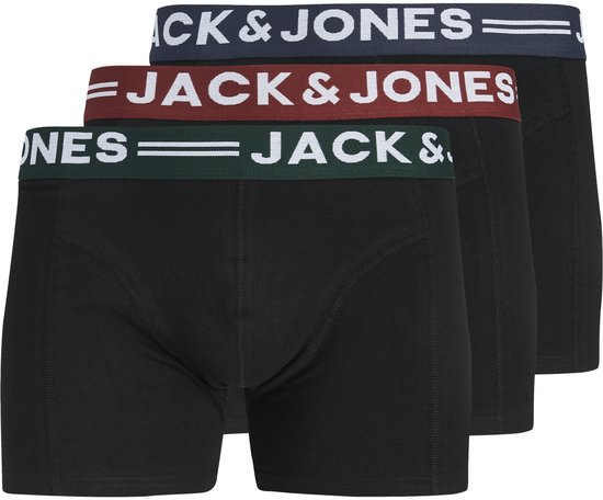 Drie zwarte boxershorts met elastische taillebanden in marineblauw, bordeaux en groen, voorzien van JACK & JONES logo.