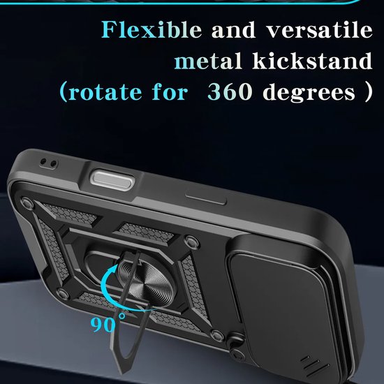Zwarte telefoonhoes met een metalen ring die 360 graden kan draaien. De hoes is schokbestendig.
