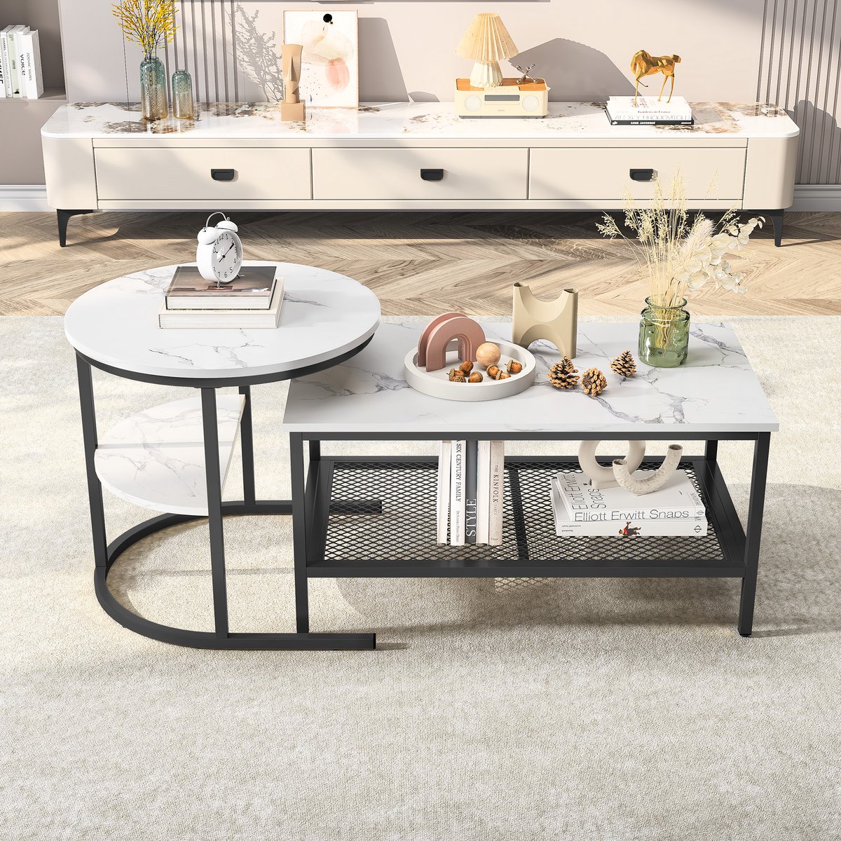 2-in-1 in elkaar passende salontafel, set van 2, moderne salontafel met marmerpatroon, salontafel voor woonkamer, balkon en kantoor, bijzettafelset met metalen frame (wit + zwart)