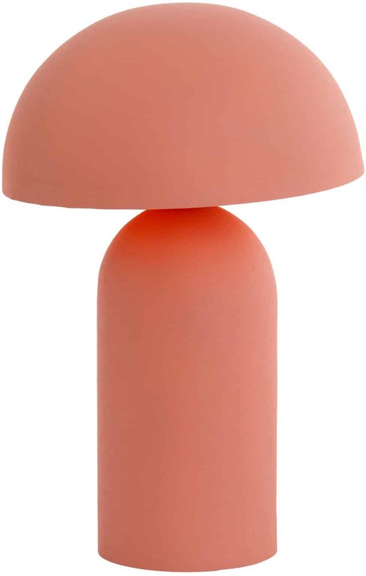 Lampe de table rose en forme de champignon, avec un abat-jour rond et une base cylindrique.