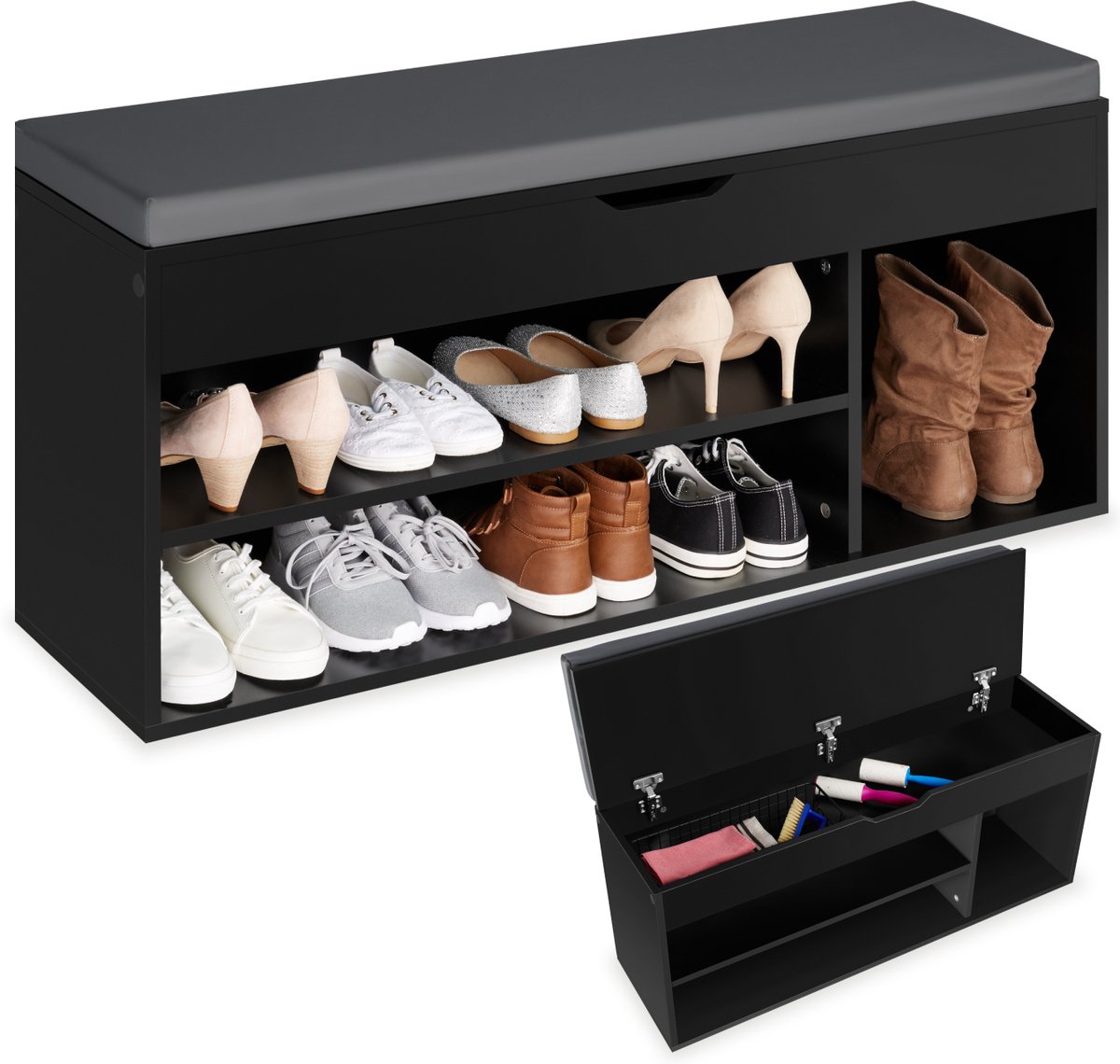 tectake® Schoenenbank met zitje - 3 open vakken en een opklapbaar vak met zitkussen - Schoenenrek met opbergruimte - Hout - Afmeting (LxBxH) 104 x 30 x 49 cm - Zwart