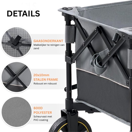 DailySupplies® Bolderkar Opvouwbaar Luchtbanden - Strandwagen - Bolderwagen - Zwart en Grijs van DailySupplies — afbeelding 3