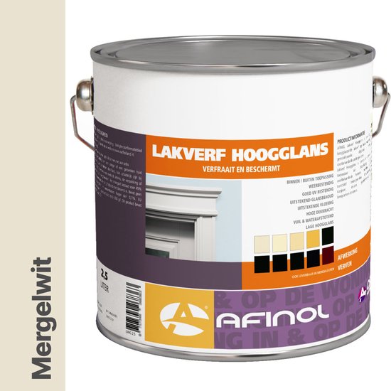 Blik hoogglans lakverf 'Mergelwit' van Afinol, 2,5 liter. Binnen en buiten toepasbaar.