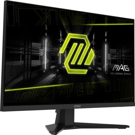 Zwarte MSI gaming monitor met groen MAG-logo, schuin van voren gezien.