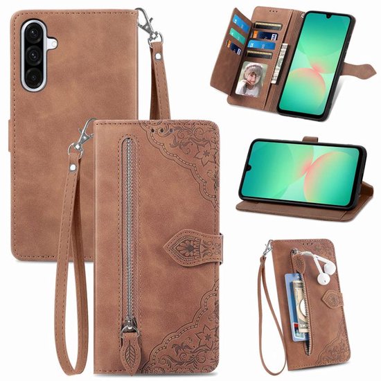 Samsung Galaxy A26/A17/A16 5G leren telefoonhoesje portemonnee book-case met rits en 7 pasjes bruin