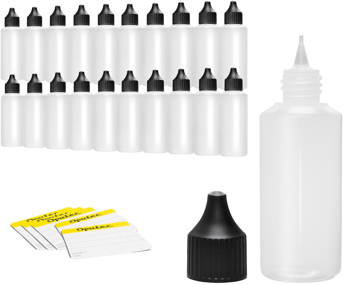 Oputec 20x 100 ml druppelflessen – PE doseerflessen – levensmiddelveilig + etiketten