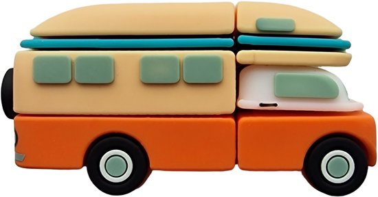 Vue latérale d'une clé USB camping-car orange et beige avec des détails bleus et verts.