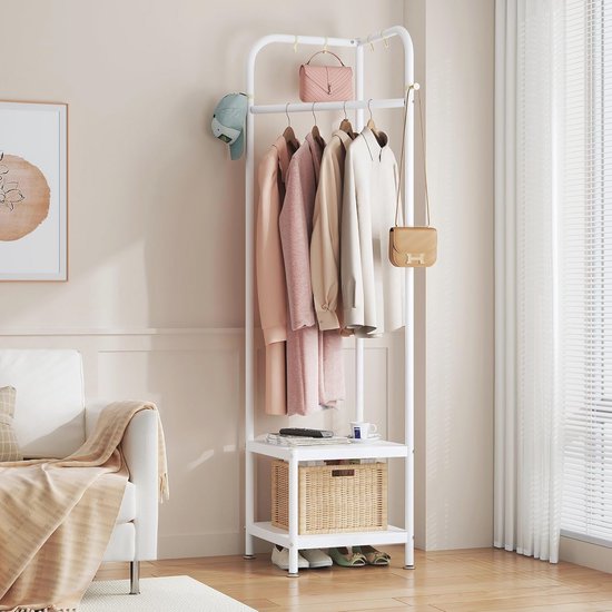 Hoekhal Tree vrijstaand kapstok kledingrek met 3 niveaus plank en haken voor entree, hal, slaapkamer (wit, 3 lagen