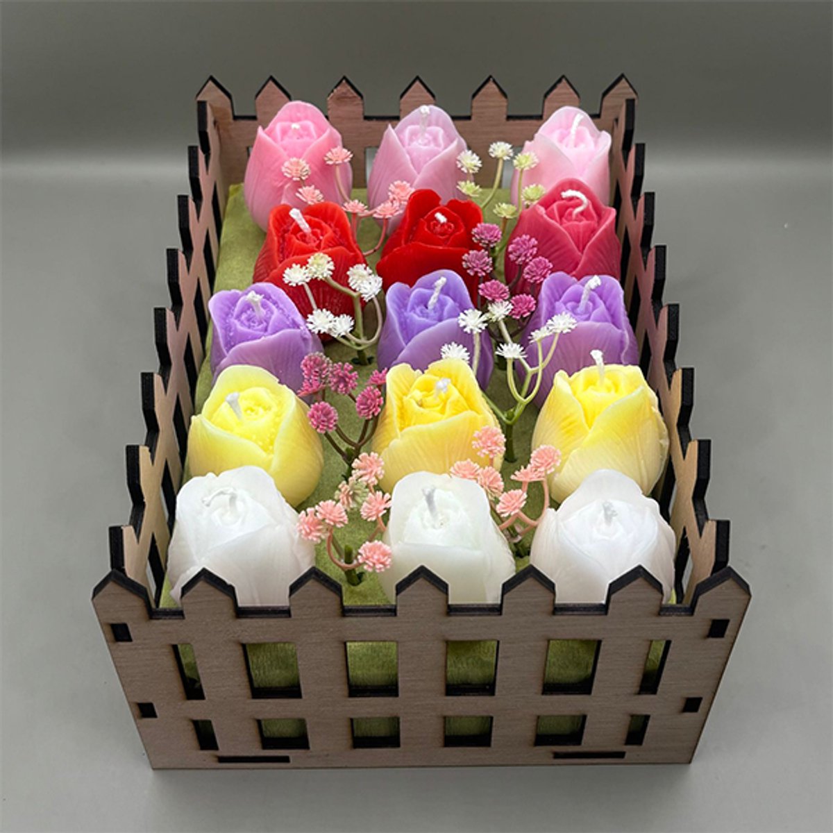 15x Tulpen Geurkaarsen in Houten Tuinbox – Handgemaakt Cadeau met Roos, Lavendel & Citrus Geuren