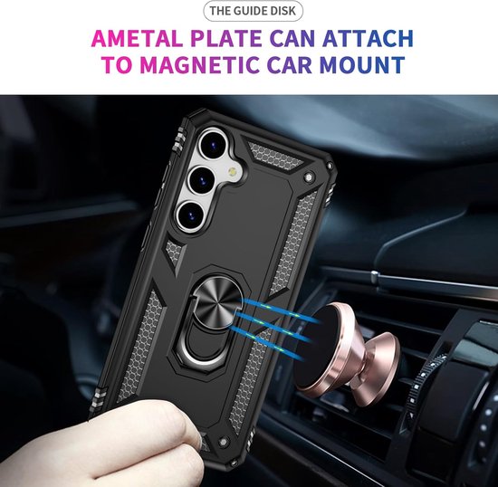 Zwarte telefoonhoes met metalen ring die aan een magnetische autohouder kan worden bevestigd.