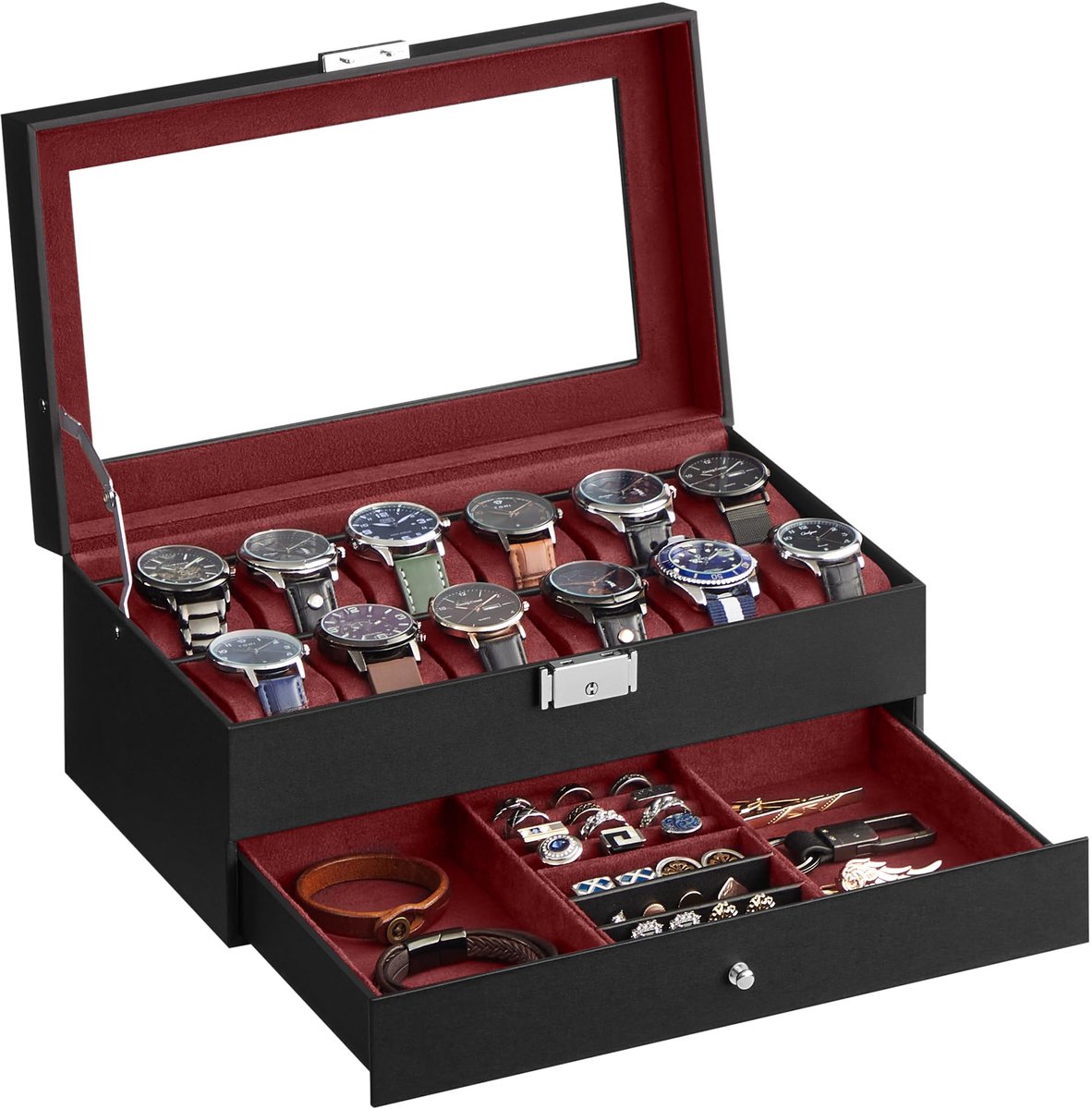 SONGMICS Horlogebox, horlogekast met glazen deksel, 2 lagen, voor 12 uur, afsluitbaar, 1 lade, voor ringen, armbanden, cadeau-idee, zwarte PU-hoes, wijnrode voering JWB012R01
