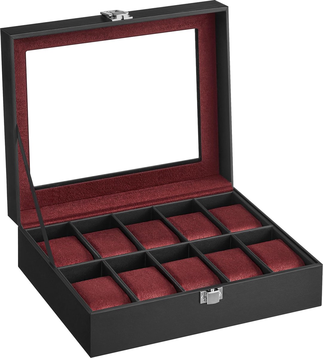 SONGMICS Horlogebox met 10 compartimenten, horlogekast, glazen deksel, horlogekast, uitneembare horlogekussens, metalen sluiting, cadeau-idee, zwarte PU-hoes, wijnrode fluwelen voering JWB010R01