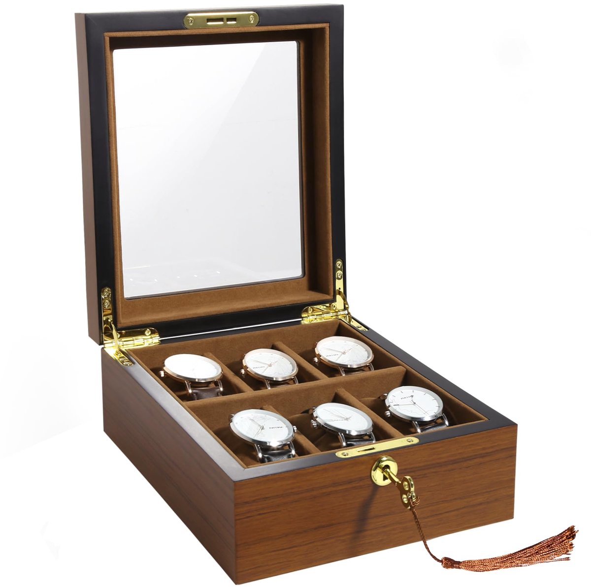 Uten houten horlogebox voor 6 horloges, horlogekast met sleutel, zachte kussens gouden slot, grote inhoud, horlogekast als cadeau-idee voor mannen en vrouwen