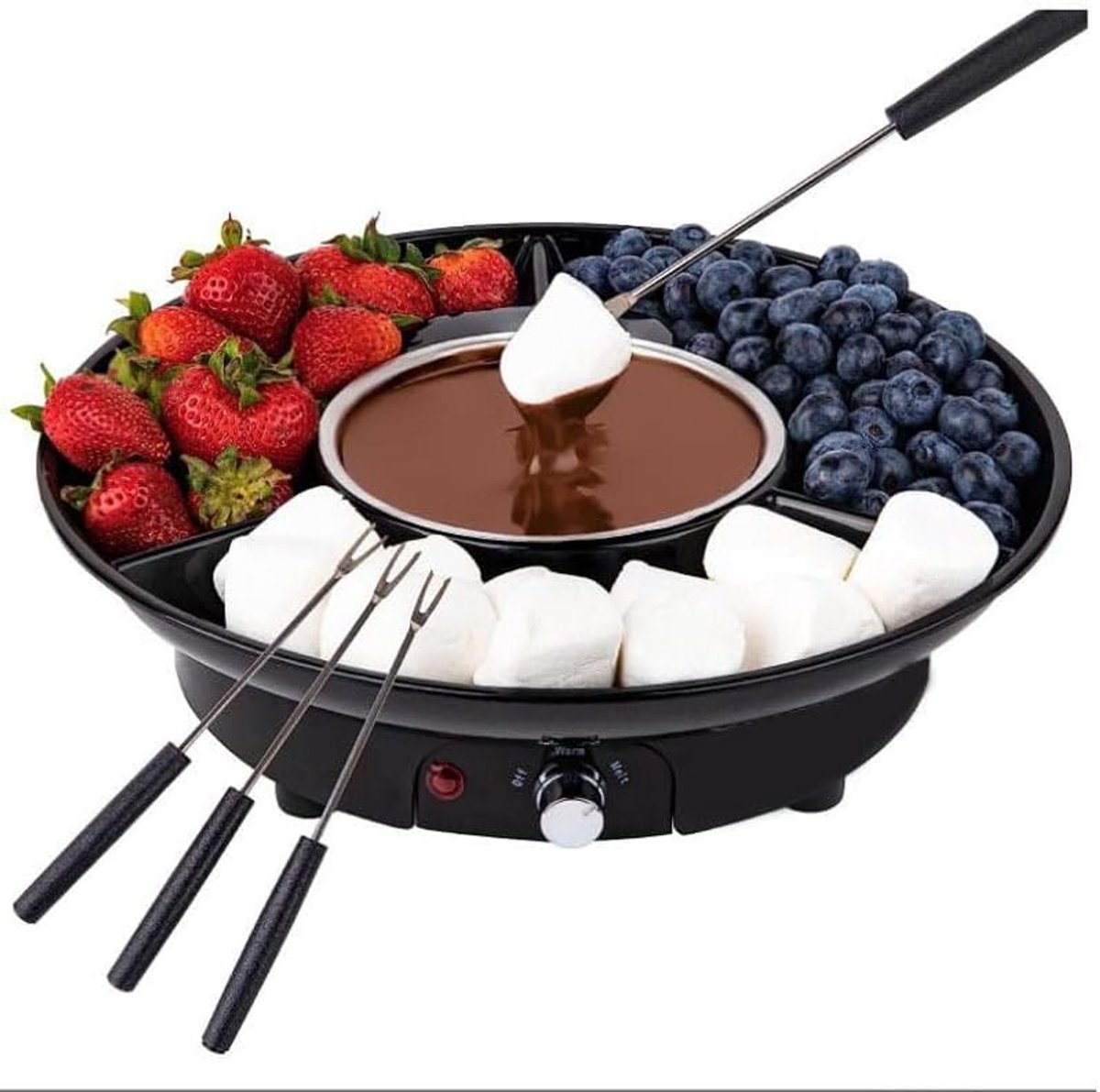Elektrische chocoladefondueset - 27,5×27,5×8 cm - Inclusief 2 dipvorkjes - Fonduesmeltende chocolade-kaassnoepmachine - Chocoladesmelter - Zwart - 260 ml