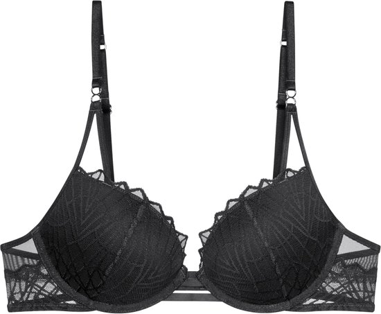 Soutien-gorge push-up noir avec dentelle et imprimé graphique.