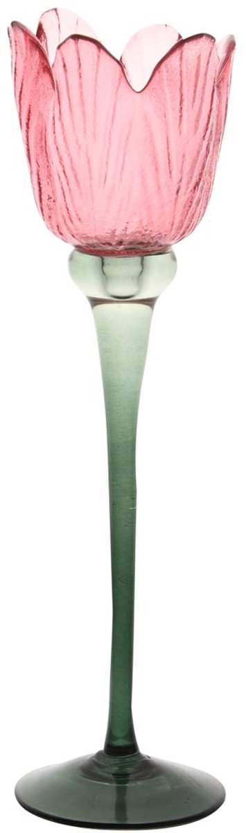dekoratief Theelichthouder tulp op voet, roze/groen, glas, 8x8x28cm | A255810