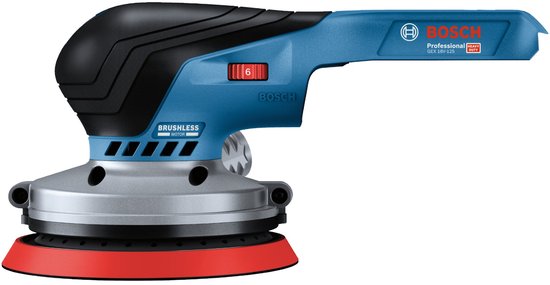 Bosch excenterschuurmachine met blauw handvat, rode schuurschijf en informatie over 'BRUSHLESS MOTOR'.