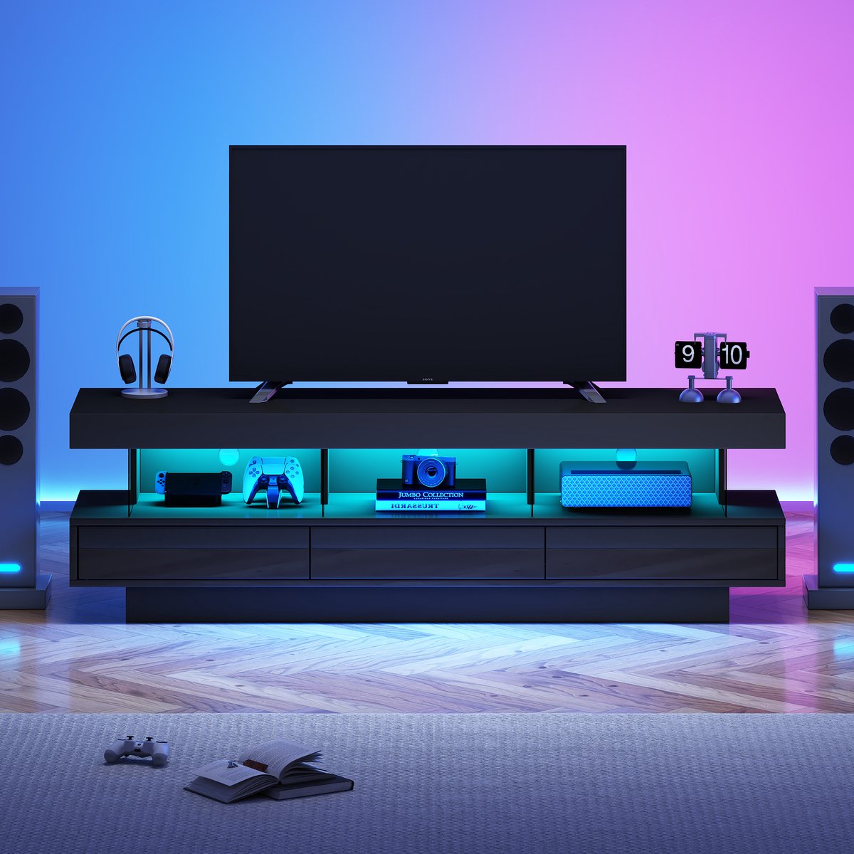 Pugsdrly 160*38*50,5 cm zwarte hoogglans tv-standaard met 3 glazen planken, ledverlichting, app-bediening, bluetooth-connectiviteit voor 70-inch tv's, hoogglans glazen tv-standaard, smart tv-standaard