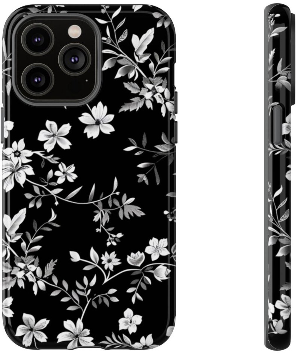 Zwart-Wit Bloemenpatroon – Telefoonhoesje Geschikt voor iPhone 14 Pro Max