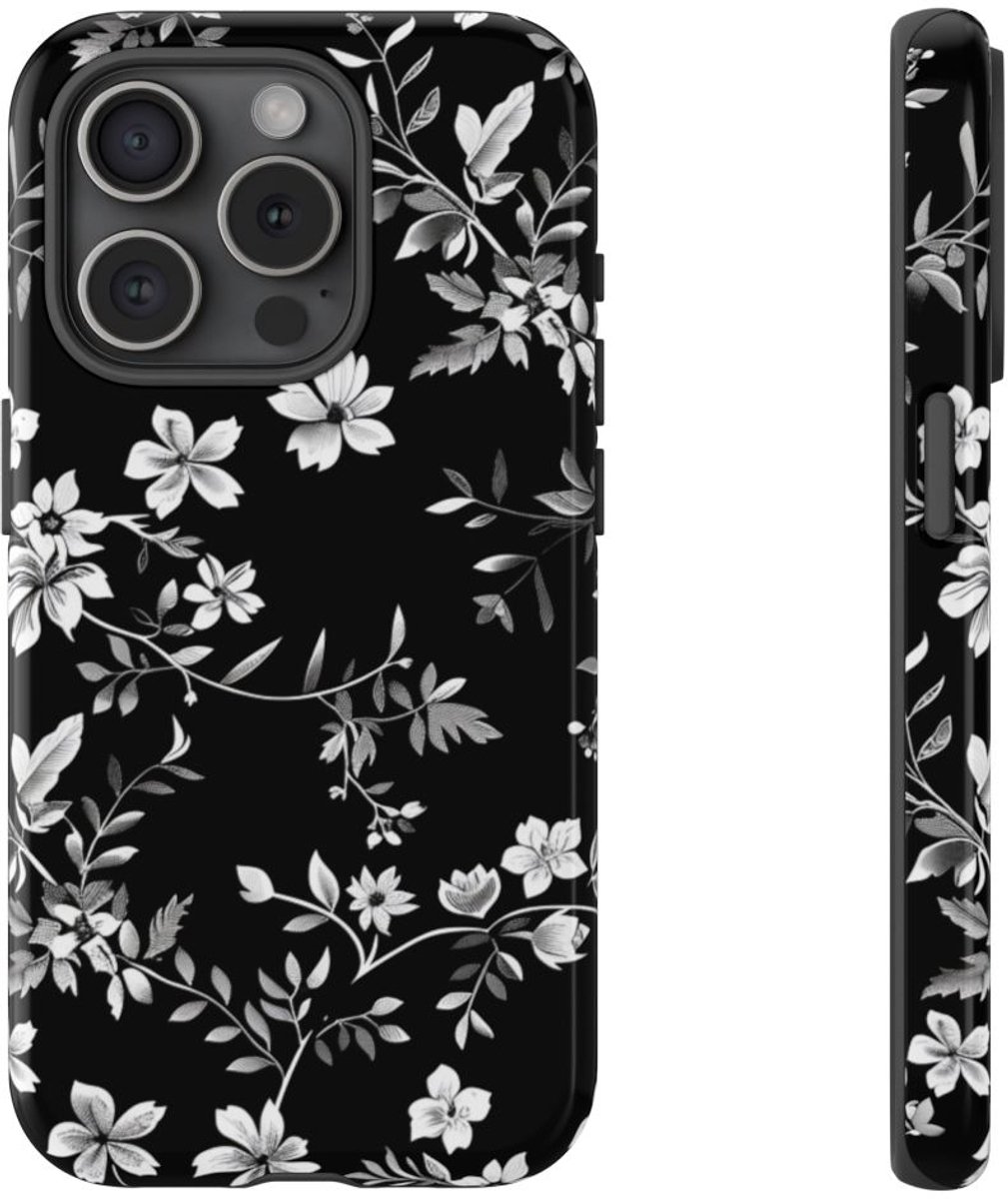 Zwart-Wit Bloemenpatroon – Telefoonhoesje Geschikt voor iPhone 15 Pro
