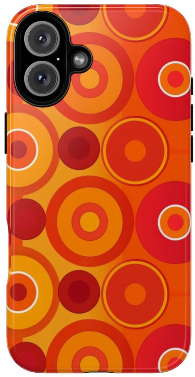 Oranje en Rode Cirkels met Glanzend Effect – Telefoonhoesje Geschikt voor iPhone 16 Plus