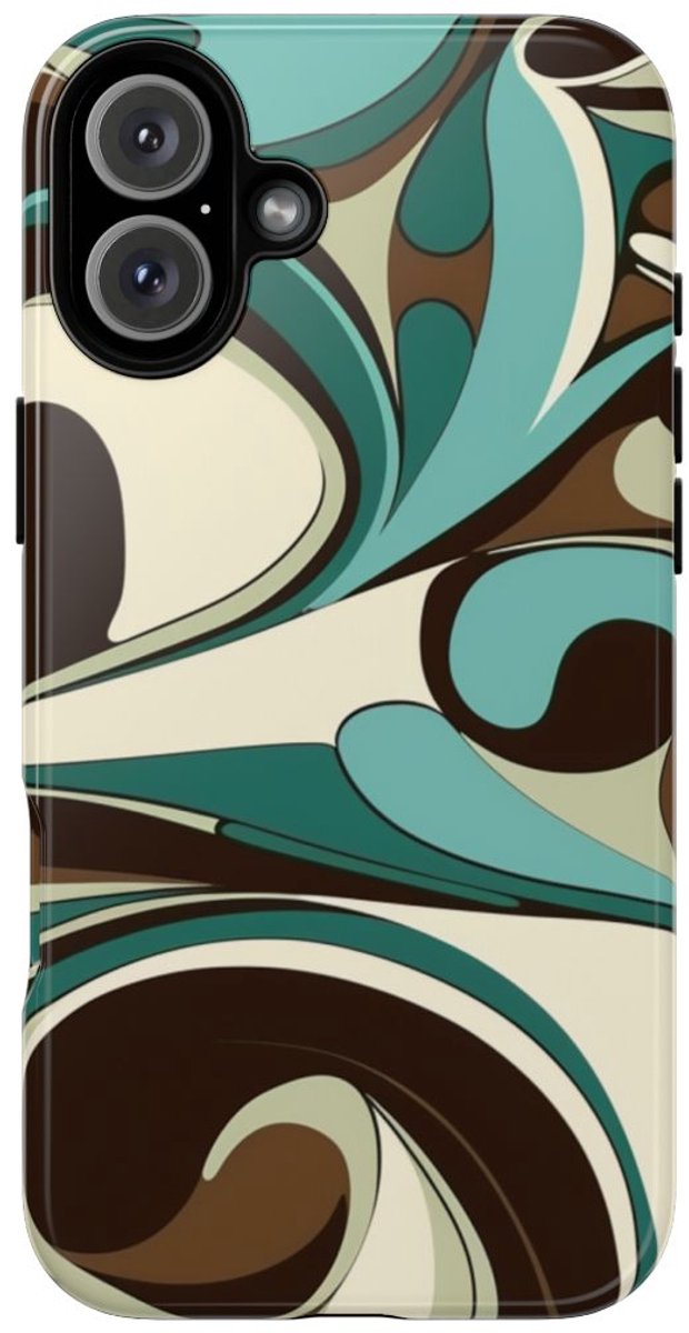 Abstracte Swirl in Teal en Bruin – Telefoonhoesje Geschikt voor iPhone 16 Plus
