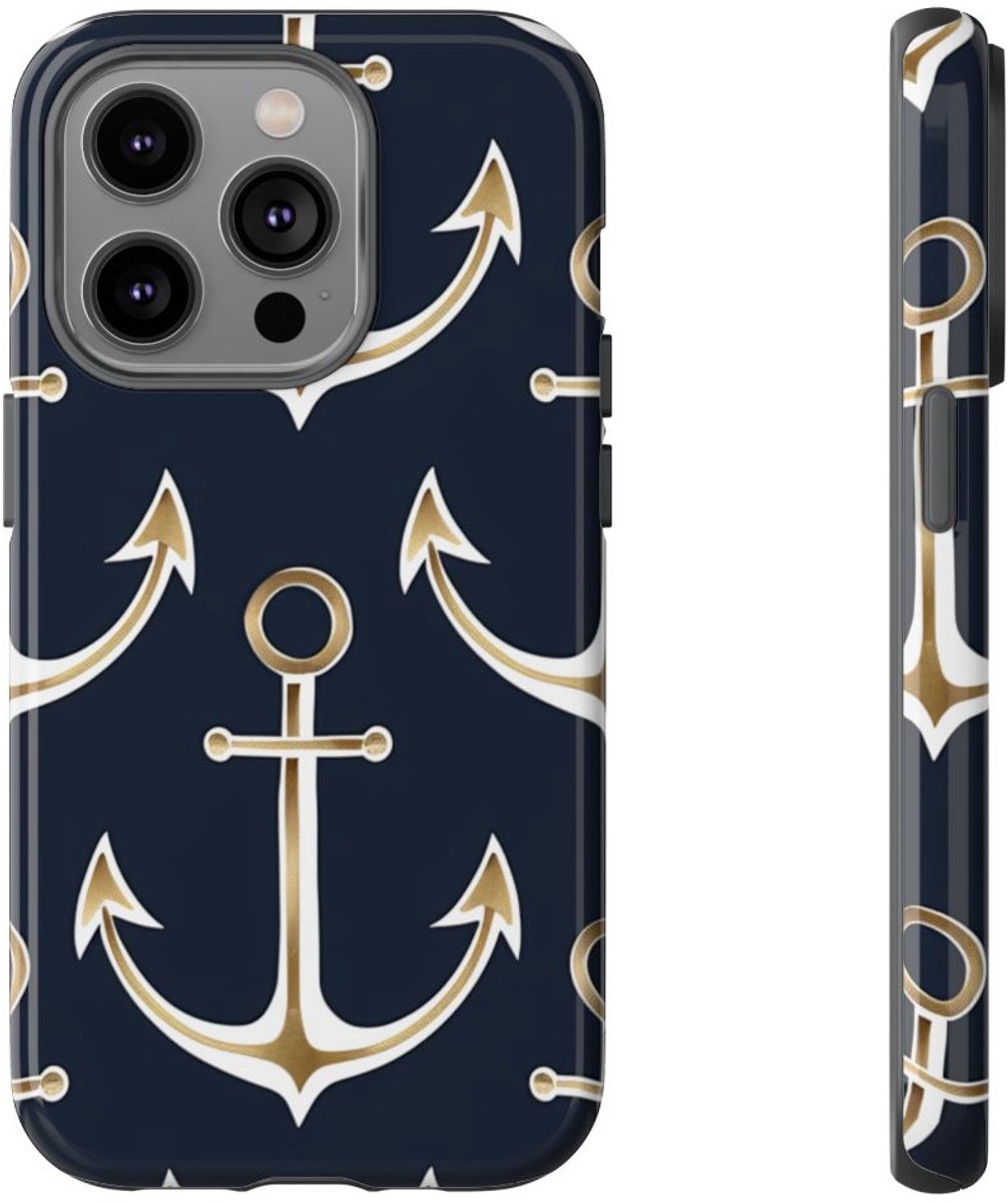 Gouden Ankers op Donkerblauwe Achtergrond – Telefoonhoesje Geschikt voor iPhone 14 Pro