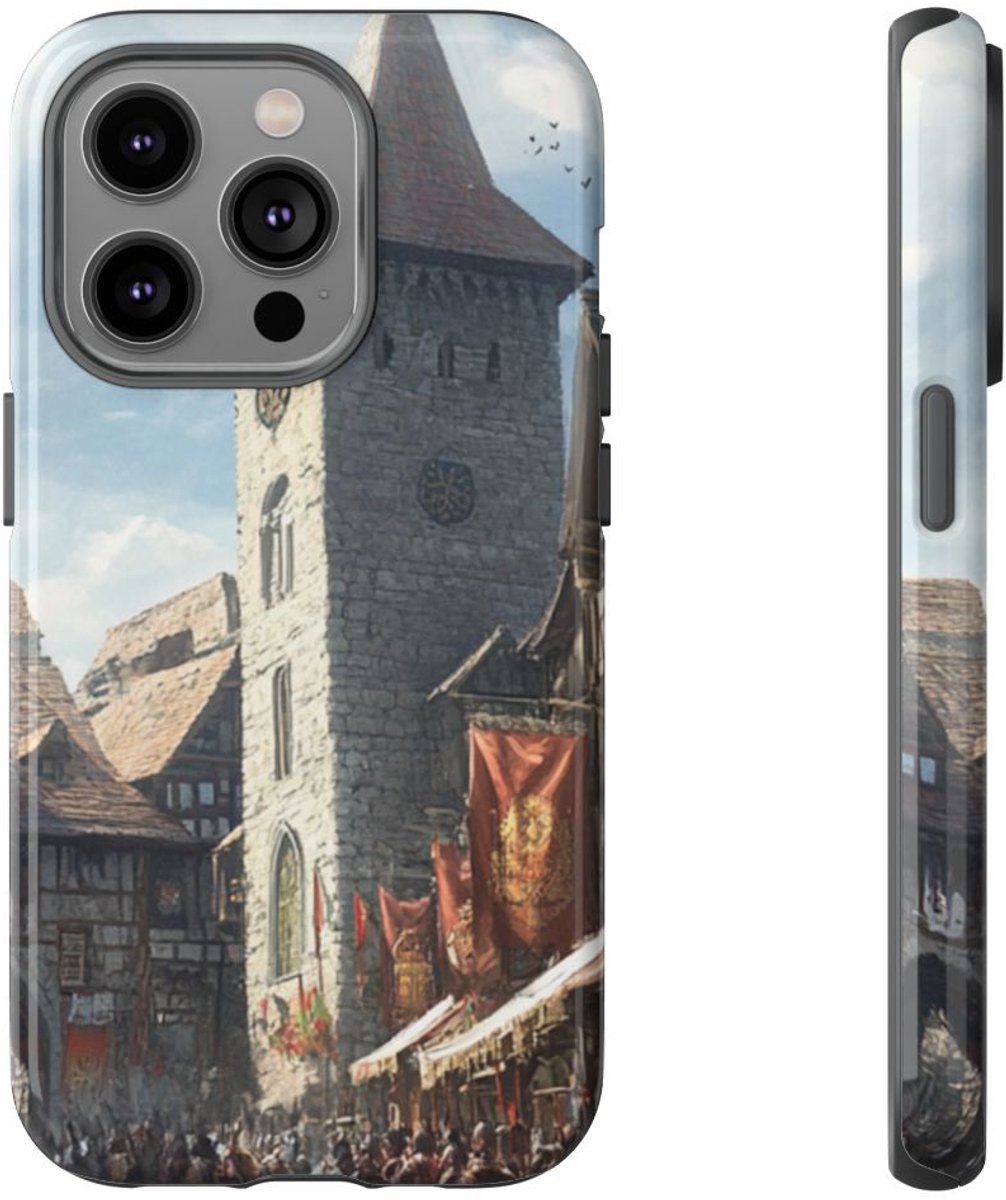 Middeleeuws Europees Dorpsstraat Tafereel – Telefoonhoesje Geschikt voor iPhone 14 Pro