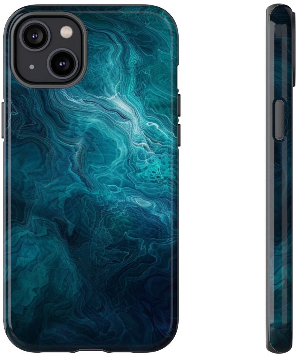 Mystieke Blauwe en Teal Abstracte Krullen – Telefoonhoesje Geschikt voor iPhone 14 Plus