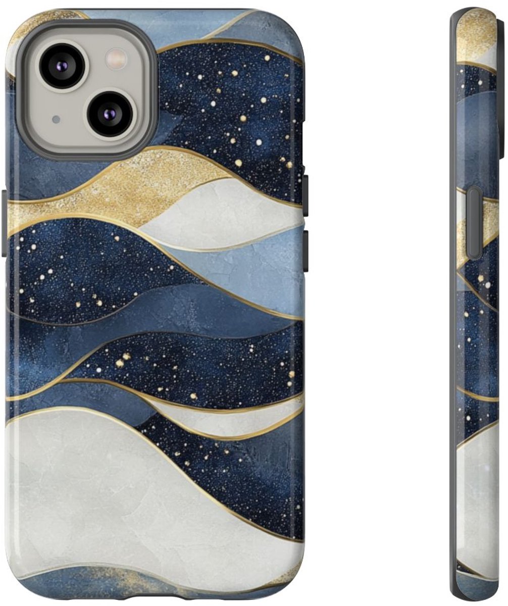 Abstract Blauw-Goud Golvenpatroon – Telefoonhoesje Geschikt voor iPhone 14