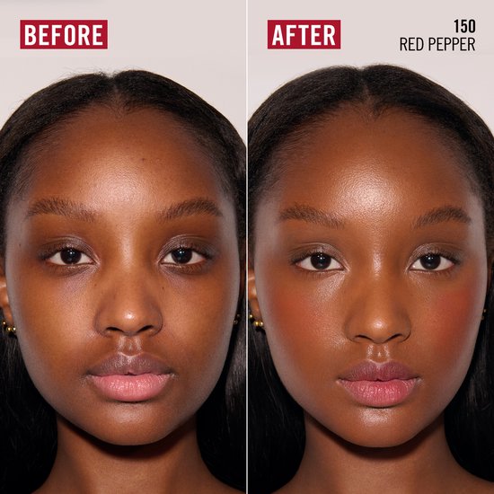 Vergelijking van een vrouw met een donkere huid: links zonder make-up, rechts met roodpeper-kleurige blush op de wangen.