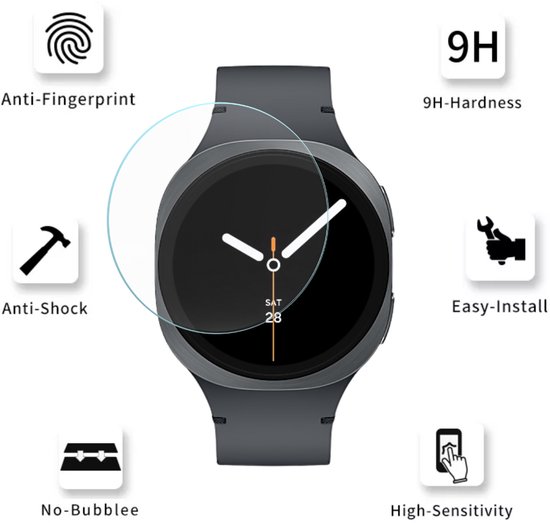 Horloge met "Anti-Fingerprint", "Anti-Shock", "9H-Hardness", "Easy-Install", "No-Bubblee", "High-Sensitivity".