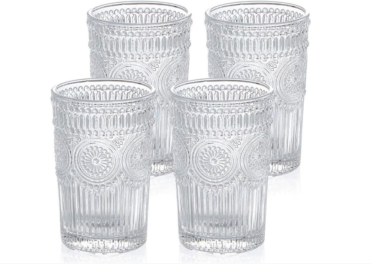 WNHB® Vintage Waterglazen - Set van 4 - 370 ml Glazen Bekers voor Water Sap en Cocktails - Romantisch Drinkglas