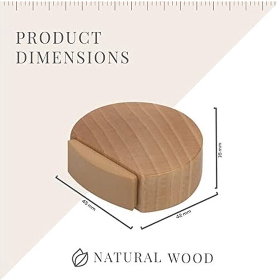 Houten deurstopper van 45x42x16 mm, met de tekst 'PRODUCT DIMENSIONS' en 'NATURAL WOOD'.