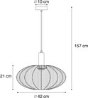 Technische tekening van een ovale beige hanglamp met afmetingen.
