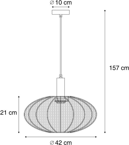 Technische tekening van een ovale beige hanglamp met afmetingen.