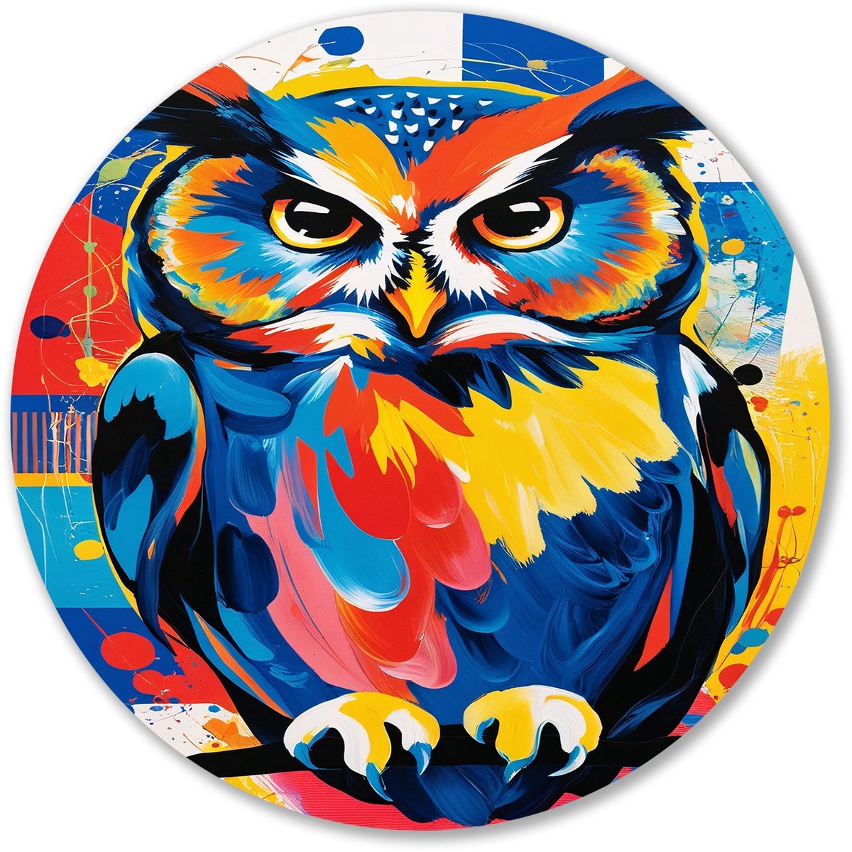 Kleurrijke abstracte uil kunst - Uil schilderij rond - Ronde wandprint dieren - Pop Art - Muurcirkel Forex - Kunst aan de muur - muurcirkel forex 50x50 cm