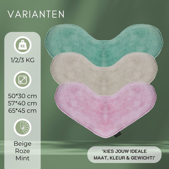 Drie hartvormige verzwaringskussens opgestapeld in de kleuren mint, beige en roze. Varianten 1/2/3 kg, maten 50x30, 57x40, 65x45 cm.