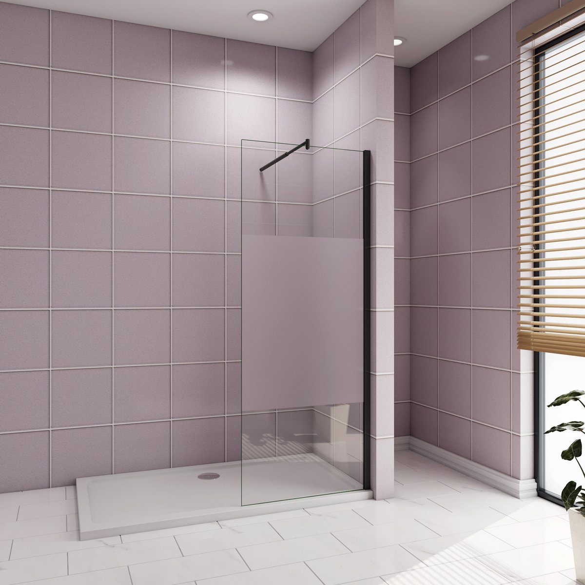 Inloopdouche-douchewand-walk in 80x200 cm,10mm midden wit gematteerd gehard glas met explosieveilige folie+70-120cm Stabilisatiestang,mat zwart aluminium profiel.