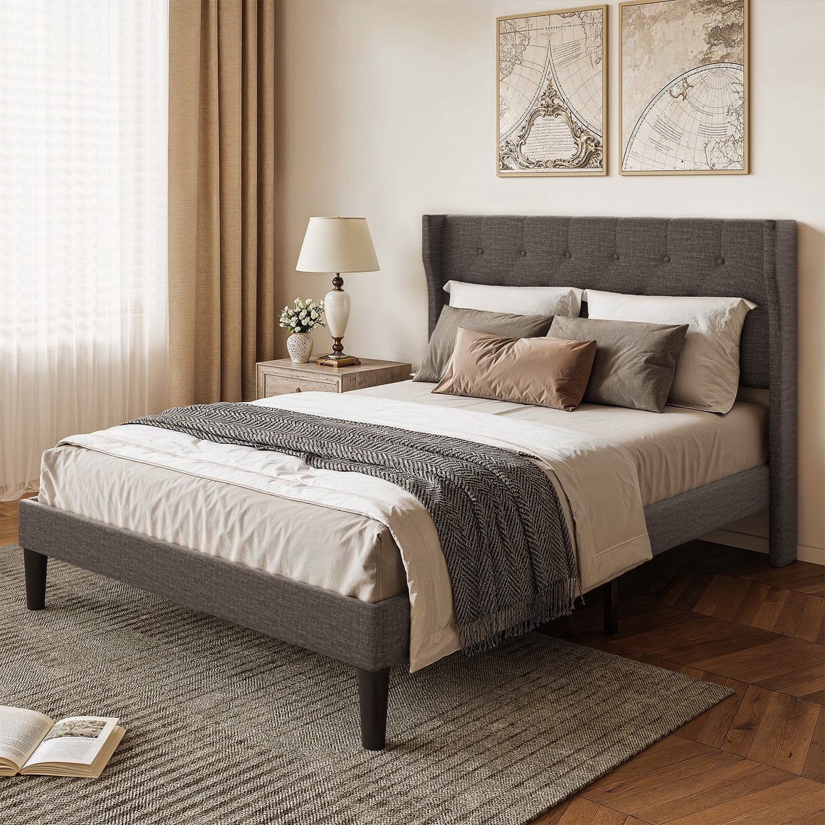 Xbro Gestoffeerd Bed 140 x 200 cm met Hoofdbord en Lattenbodem, Tweepersoonsbed met 20 cm Opbergruimte, Gemakkelijk te Monteren,Beige