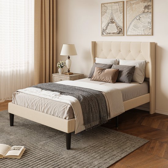 Xbro Gestoffeerd Bed 120 x 200 cm met Hoofdbord en Lattenbodem, Small Tweepersoonsbed met 20 cm Opbergruimte, Gemakkelijk te Monteren