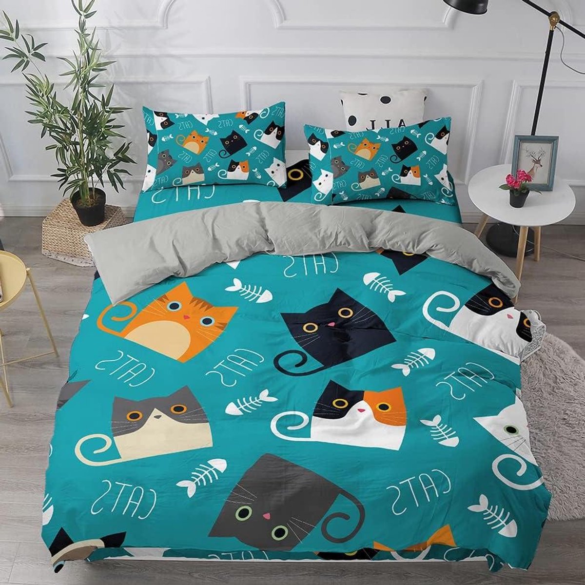 Dekbedovertrek Set 3 Stuks 3D Kat - Turquoise - Zachte Microfiber - Kussenslopen - Eenpersoons/Dubbele/King/Super King Size Bed - Beddengoed Set - Dekbedovertrek.