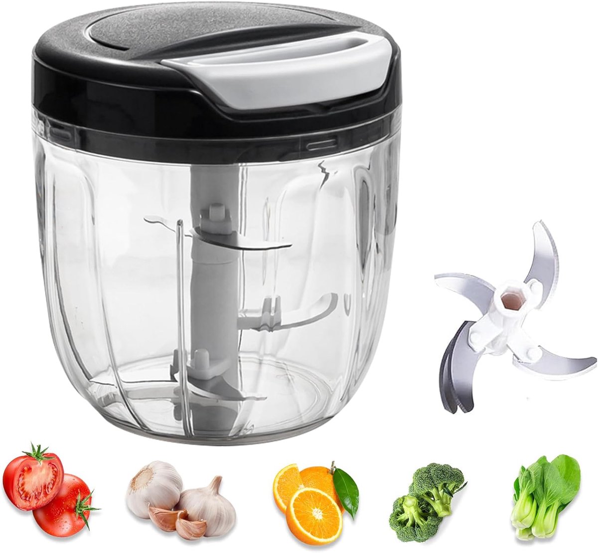 BORVAT® - Groentesnijder met Trekkoord – 900ml – RVS Hakmolen – Second Chopper – Voor Groenten, Fruit & Noten – Handmatige Food Processor - Zwart